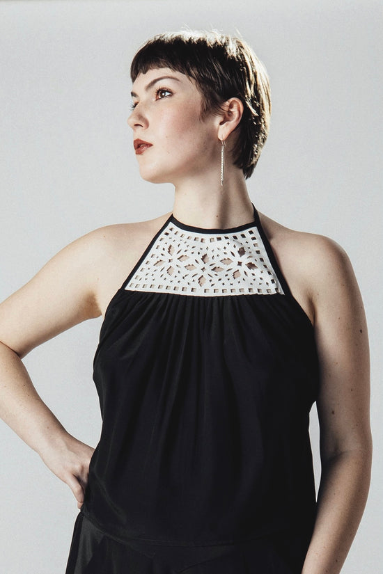 Image Title Black and White Leather Lace Halter Singlet